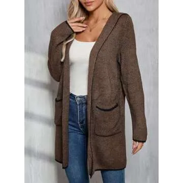 Sidefeel Cardigan Sweaters for Women Long Sleeve Open Front Contrast Chunky Knit Fall Clothes Oversized Hooded Sweaters Coat Brown Small