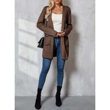 Sidefeel Cardigan Sweaters for Women Long Sleeve Open Front Contrast Chunky Knit Fall Clothes Oversized Hooded Sweaters Coat Brown Small