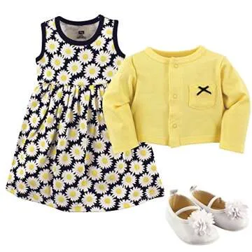Hudson Baby Girl Cotton Dress, Cardigan & Shoe Set - Daisy - 6-9 Months