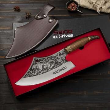 Seido Knives Tora Tsuki Cleaver Knife – Full-Tang High-Carbon Steel Cleaver for Meat, Bones, and V...