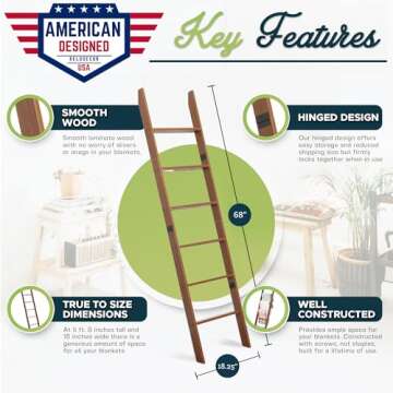 Blanket Ladder for Living Room and Bedroom, 6-Tier Wall Leaning Laminate Snag Free Construction (Bro...