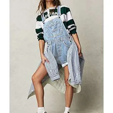 Talakeno Women's Casual Denim Bib Overall Shorts Adjustable Straps Cuffed Hem Shortall Rompers(Blue,M)