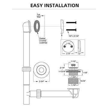 All Metal Lift & Turn Bathtub Drain Kit with Two-Hole Overflow Faceplate and Universal Fine/Coarse Thread Assembly, Tub Drain Kit fits All Bathtub