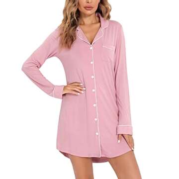 Senert Nightgowns for Women Long Sleeve Nightshirt Button Down Sleepshirt Nightdress Boyfriend Sleepwear Bean Paste,X-Large