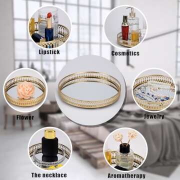 Ayswupt Gold Mirrored Vanity Tray for Bathroom Counter,Metal Decorative Jewelry Storage Tray Cosmeti...