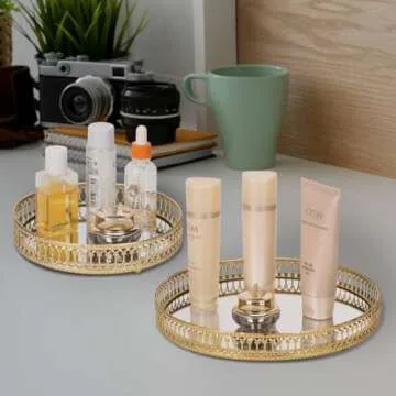 Ayswupt Gold Mirrored Vanity Tray for Bathroom Counter,Metal Decorative Jewelry Storage Tray Cosmetic Perfume Organizer for Dresser,Bedroom,Home Decor,Suit for Candle Holder,Coffee Table Centerpiece,S