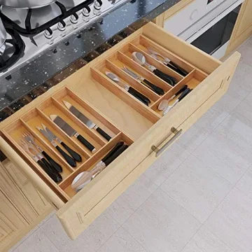 BAMEOS Bamboo Utensil Drawer Organizer for Kitchen & Office