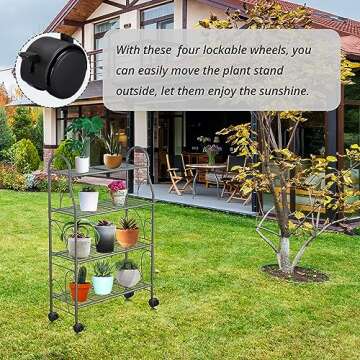 ECOESPTI Plant Stand, 4 Tier Moveable Plant Shelf for Indoor Outdoor, Gray Heavy Duty Metal Multiple Plant Rack Holder for Garden Balcony Living Room
