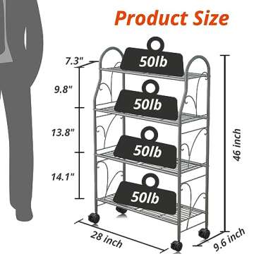 ECOESPTI Plant Stand, 4 Tier Moveable Plant Shelf for Indoor Outdoor, Gray Heavy Duty Metal Multiple Plant Rack Holder for Garden Balcony Living Room