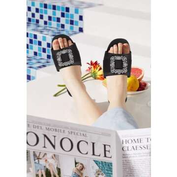 Womens Chunky Block Heel Mules Dressy Sandals Open Toe Rhinestone Jeweled Low Heeled Wedding Slide Shoes