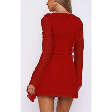 GOBLES Women's Sexy Long Flare Sleeve Chiffon Ruffle Deep Tie V Neck Bodycon Mini Party Dress Red