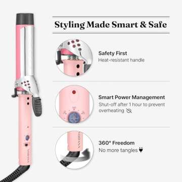 VODANA Professional GlamWave Ceramic Curling Iron, Long-Lasting Natural Curls, Instant Heat, Hair Curler, Curling Wand, Available in USA (1.6 inch, Pink)