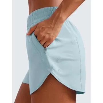 CRZ YOGA Womens High Waisted Running Shorts Mesh Liner 3'' Dolphin Quick Dry for Athletic Gym Track Workout with Zip Pocket Light Grayish Blue Large