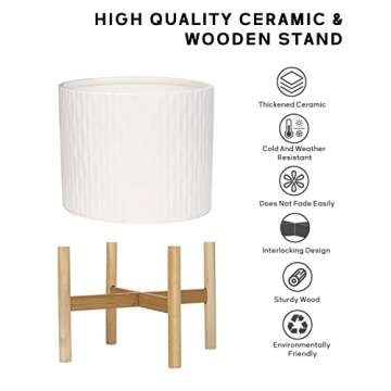 LaDoVita Ceramic Plant Pot with Stand, 10 Inch Planter with Wood Shelf, Modern Round Flower Pots Indoor with Wood Planter Holder, White Water Ripple Pattern