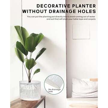 LaDoVita Ceramic Plant Pot with Stand, 10 Inch Planter with Wood Shelf, Modern Round Flower Pots Indoor with Wood Planter Holder, White Water Ripple Pattern