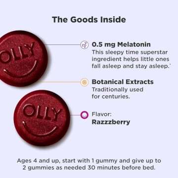 OLLY Kids Sleep Gummies, 0.5mg Melatonin, L Theanine, Chamomile, and Lemon Balm, Raspberry - 70 Count