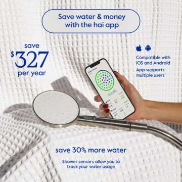 hai Smart Shower Head, Bluetooth Handheld Water Saving Showerhead with Adjustable High Pressure to Spa-Like Mist, Stainless Steel, Easy Installation, Customizable LED Lights, Moon, 1.8 GPM