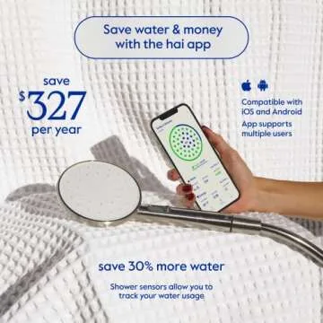 hai Smart Shower Head, Bluetooth Handheld Water Saving Showerhead with Adjustable High Pressure to Spa-Like Mist, Stainless Steel, Easy Installation, Customizable LED Lights, Moon, 1.8 GPM