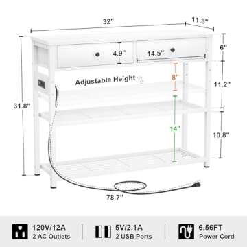 Ecoprsio Entryway Table with Outlets and USB Ports, Console Table with 2 Drawers, Small Sofa Table with Storage Shelves for Living Room, Couch, Hallway, Foyer, Kitchen Counter, 32'', White