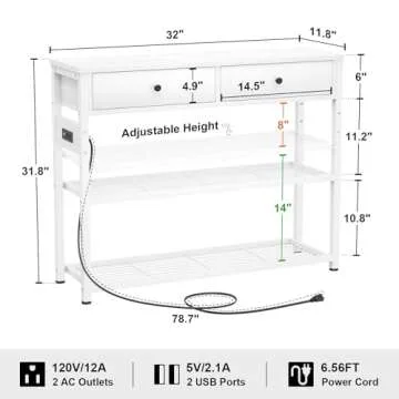 Ecoprsio Entryway Table with Outlets and USB Ports, Console Table with 2 Drawers, Small Sofa Table with Storage Shelves for Living Room, Couch, Hallway, Foyer, Kitchen Counter, 32'', White