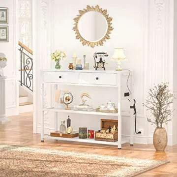Ecoprsio Entryway Table with Outlets and USB Ports, Console Table with 2 Drawers, Small Sofa Table with Storage Shelves for Living Room, Couch, Hallway, Foyer, Kitchen Counter, 32'', White