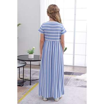 GORLYA Girl's Short Sleeve Floral Print Loose Casual Holiday Long Maxi Dress with Pockets 4-12 Years...