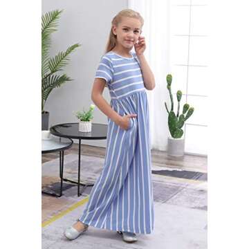 GORLYA Girl's Short Sleeve Floral Print Loose Casual Holiday Long Maxi Dress with Pockets 4-12 Years (6-7Years/Height:120cm, Blue Stripe)