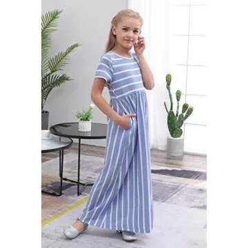 GORLYA Girl's Short Sleeve Floral Print Loose Casual Holiday Long Maxi Dress with Pockets 4-12 Years (6-7Years/Height:120cm, Blue Stripe)