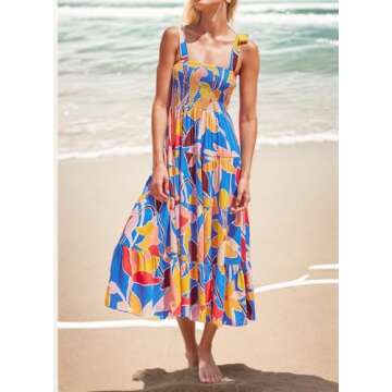 GOLDSTITCH Women's Summer Boho Spaghetti Strap Ruffle A Line Beach Long Maxi Dress Blue Floral