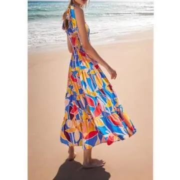 GOLDSTITCH Women's Summer Boho Spaghetti Strap Ruffle A Line Beach Long Maxi Dress Blue Floral