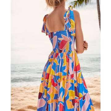 GOLDSTITCH Women's Summer Boho Spaghetti Strap Ruffle A Line Beach Long Maxi Dress Blue Floral
