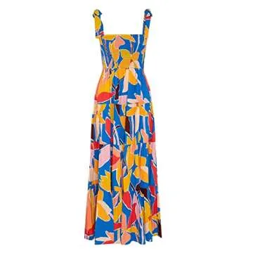 GOLDSTITCH Women's Summer Boho Spaghetti Strap Ruffle A Line Beach Long Maxi Dress Blue Floral