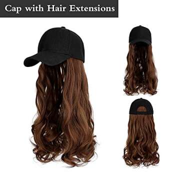 AynnQueen Baseball Cap with Hair Extensions for Women Adjustable Hat with Synthetic Wig Attached 24inch Long Wavy Hair Black Baseball Cap (Light Brown)