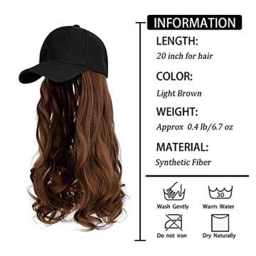 AynnQueen Baseball Cap with Hair Extensions for Women Adjustable Hat with Synthetic Wig Attached 24inch Long Wavy Hair Black Baseball Cap (Light Brown)