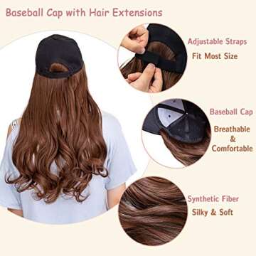 AynnQueen Baseball Cap with Hair Extensions for Women Adjustable Hat with Synthetic Wig Attached 24inch Long Wavy Hair Black Baseball Cap (Light Brown)