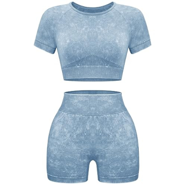 Stylish OLCHEE Women's Workout Set - Seamless Acid Wash Activewear - Blue Medium