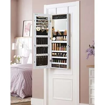 SONGMICS Mirror Jewelry Cabinet Armoire Organizer, Wall or Door Mount Storage Cabinet with Full-Length Frameless Lighted Mirror, Built-in Makeup Mirror, 2 Drawers, Lockable, White UJJC013W01