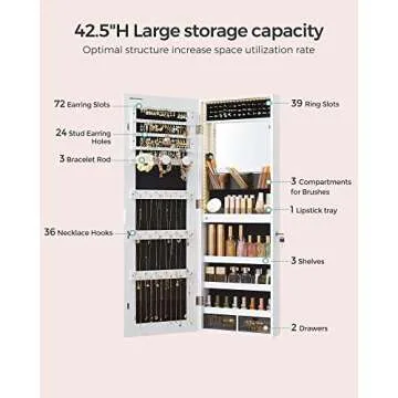 SONGMICS Mirror Jewelry Cabinet Armoire Organizer, Wall or Door Mount Storage Cabinet with Full-Length Frameless Lighted Mirror, Built-in Makeup Mirror, 2 Drawers, Lockable, White UJJC013W01