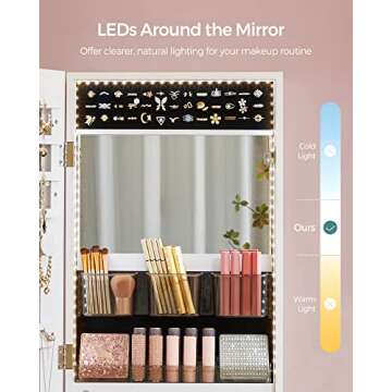 SONGMICS Mirror Jewelry Cabinet Armoire Organizer, Wall or Door Mount Storage Cabinet with Full-Length Frameless Lighted Mirror, Built-in Makeup Mirror, 2 Drawers, Lockable, White UJJC013W01