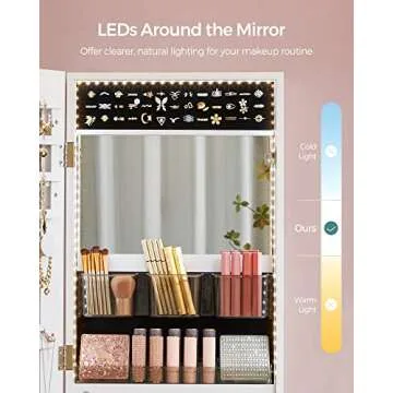 SONGMICS Mirror Jewelry Cabinet Armoire Organizer, Wall or Door Mount Storage Cabinet with Full-Length Frameless Lighted Mirror, Built-in Makeup Mirror, 2 Drawers, Lockable, White UJJC013W01