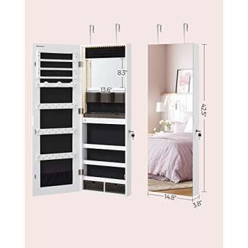 SONGMICS Mirror Jewelry Cabinet Armoire Organizer, Wall or Door Mount Storage Cabinet with Full-Length Frameless Lighted Mirror, Built-in Makeup Mirror, 2 Drawers, Lockable, White UJJC013W01