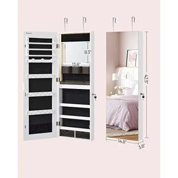 SONGMICS Mirror Jewelry Cabinet Armoire Organizer, Wall or Door Mount Storage Cabinet with Full-Length Frameless Lighted Mirror, Built-in Makeup Mirror, 2 Drawers, Lockable, White UJJC013W01
