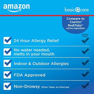 Amazon Basic Care 24-Hour Children Allergy Medicine, Loratadine Orally Disintegrating Tablets, 10 mg, Antihistamine, Ages 6+, 30 Count