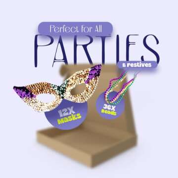 Funny Party Hats Mardi Gras Face Mask & Beads - Mardi Gras Mask Bulk - Mardi Gras Necklaces - Mardi Gras Costumes