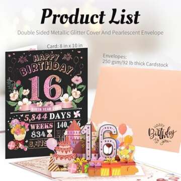 Jumbo Sweet 16 Birthday Card for Girls with Glitter