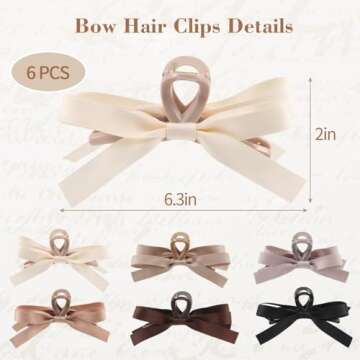 Auseibeely 6 PCS Silky Satin Bow Hair Clips, Non-Slip Clips for Thin and Thick Hair, Bows for Women,...