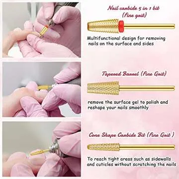 Outus 3 Pieces Nail Carbide 5 in 1 Tapered Barrel Carbide Nail Drill Bit Set, 3/32 Inches Cone Shape Bit for Acrylic or Gel Remover (Golden)