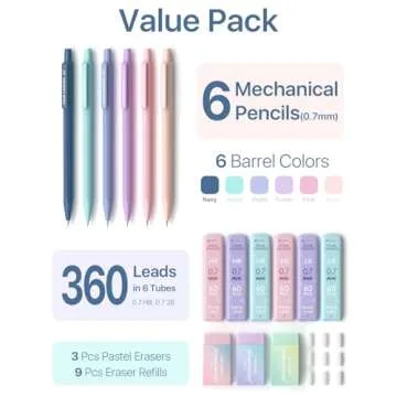 Four Candies Mechanical Pencils 0.7mm, with HB & 2B Lead Refills 0.7, Pastel Eraser Set & Eraser Refills, 16-Count Pack with Case, Cute Aesthetic School Supplies for Writing, Drawing and Sketching