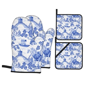 Blue Chinoiserie Pagoda White Oven Mitts and Pot Holders Set of 4, Oven Mittens and Potholders Heat ...