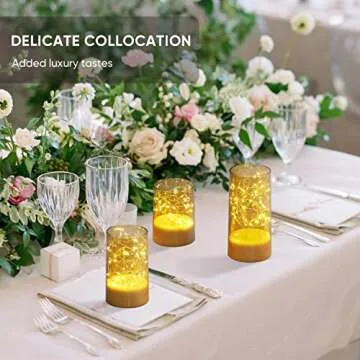 Homemory Flickering Flameless Candles with Remote, Embedded String Lights in Acylinder LED Candles, Battery Operated Fake Candles with Timer, Candle Decor for Home Wedding, Set of 3,Gold